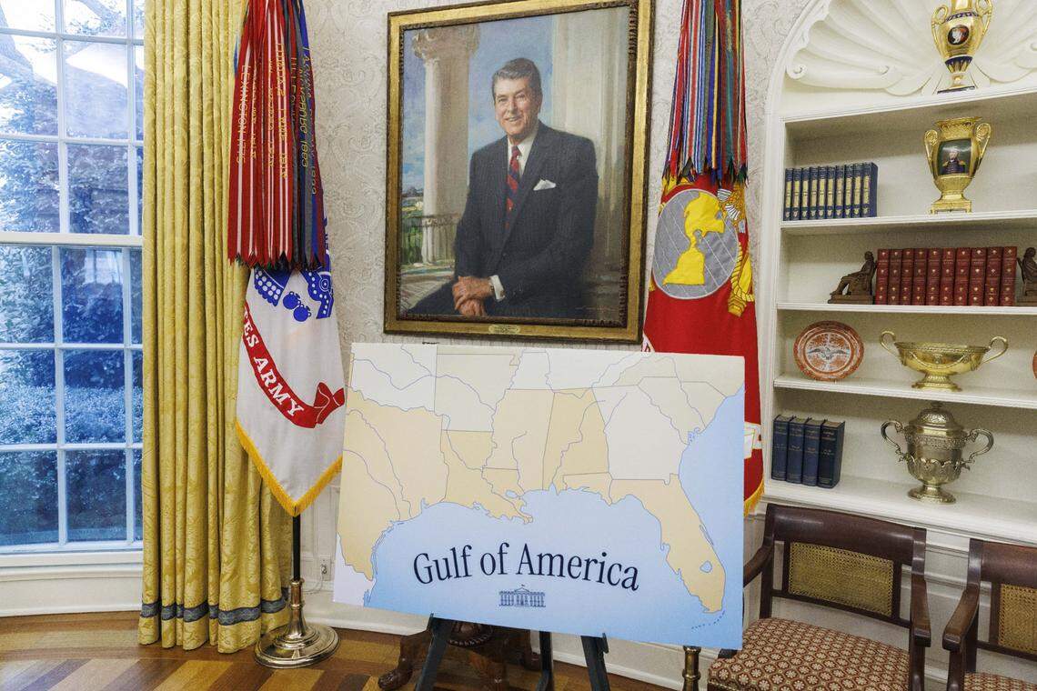 A Gulf of America poster is seen in the Oval Office of the White House in Washington DC on Tuesday, February 11, 2025. Credit: Aaron Schwartz / Pool/Sipa USA