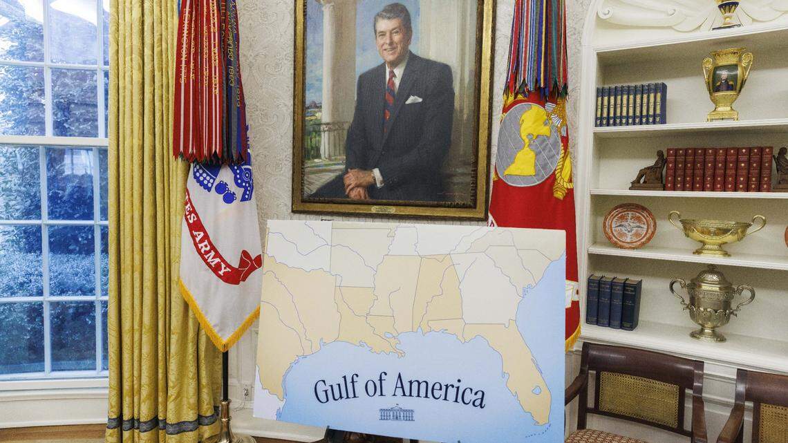 A Gulf of America poster is seen in the Oval Office of the White House in Washington DC on Tuesday, February 11, 2025. Credit: Aaron Schwartz / Pool/Sipa USA