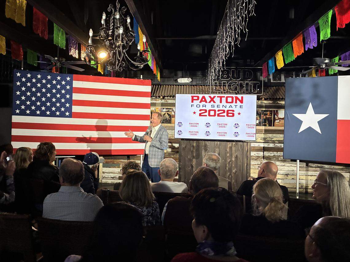 Texas Attorney General Ken Paxton speaks at a campaign event in Allen on Feb. 17. He’s running in the Republican primary for U.S. Senate.