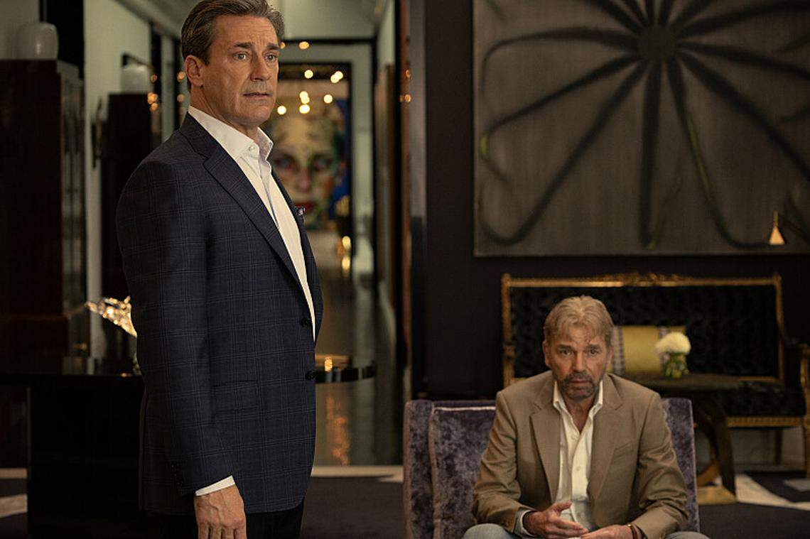 (L-R): Jon Hamm as Monty Miller and Billy Bob Thornton as Tommy Norris in season 1, episode 6 of “Landman” streaming on Paramount+.