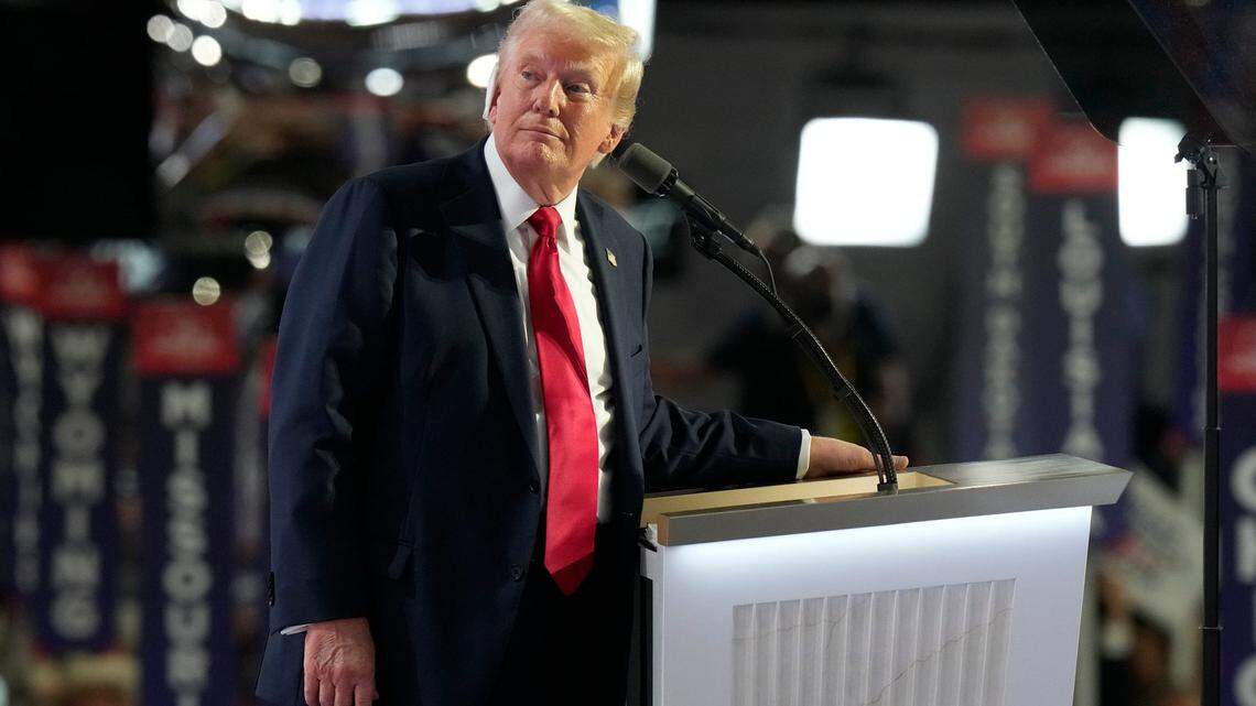 Donald Trump speaks during the final day of the Republican National Convention at the Fiserv Forum. The final day of the RNC featured a keynote address by Republican presidential nominee Donald Trump.