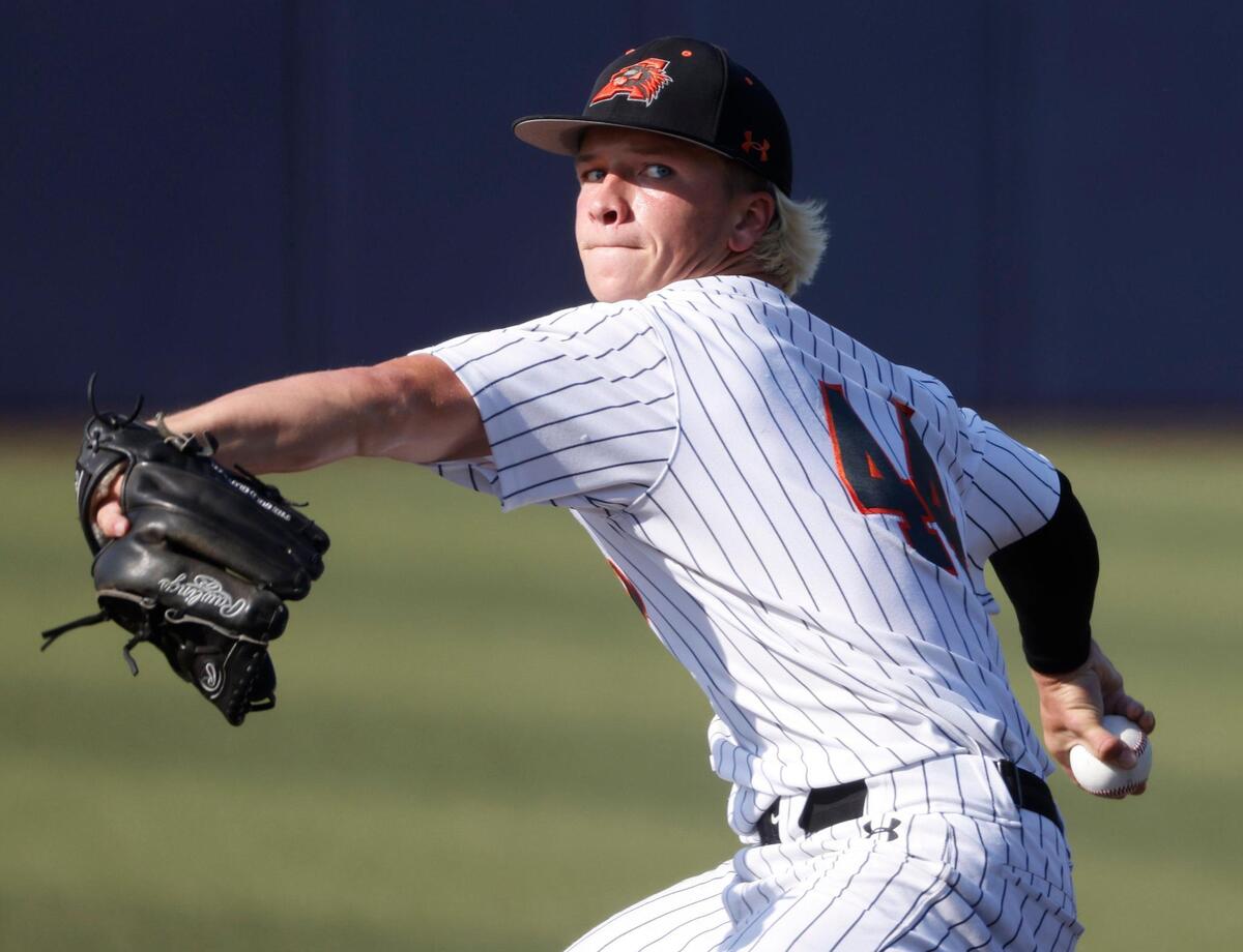 Aledo pitcher Luke Sandefur (44) strikes a batter during a UIL 5A D1 semifinal baseball game at Dallas Baptist University’s Horner Ballpark in Dallas, Texas, Thursday, May 29, 2025.