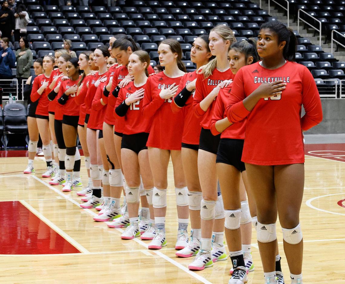 The Colleyville Heritage Panthers stand for the national anthem before game 1 of the best 3 of 5 games at Culwell Center in Garland, Texas, Friday, Nov. 17, 2023.