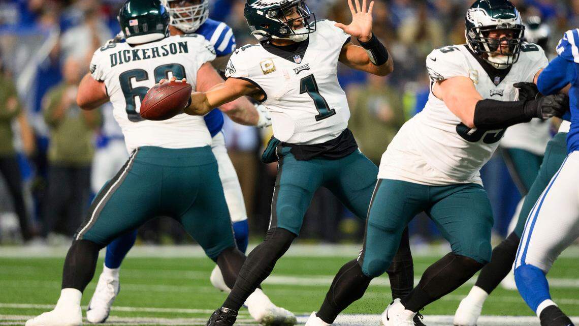 Philadelphia Eagles quarterback Jalen Hurts (1) throws a deep pass during an NFL football game against the Indianapolis Colts on Sunday. He later scored the winning touchdown on the ground.