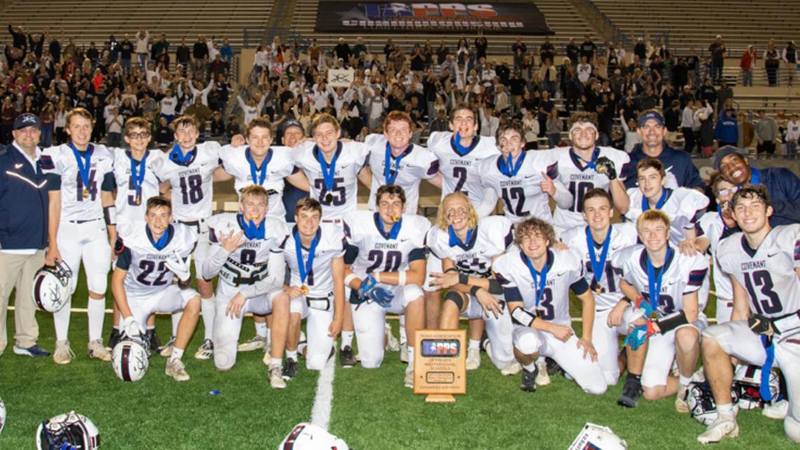 Fort Worth Covenant Classical poses with the TAPPS 6-man D3 state championship trophy. The Cavs beat Bracken Christian in Waco on Thursday Dec. 2, 2021. It’s the first state title in program history (TAPPS)