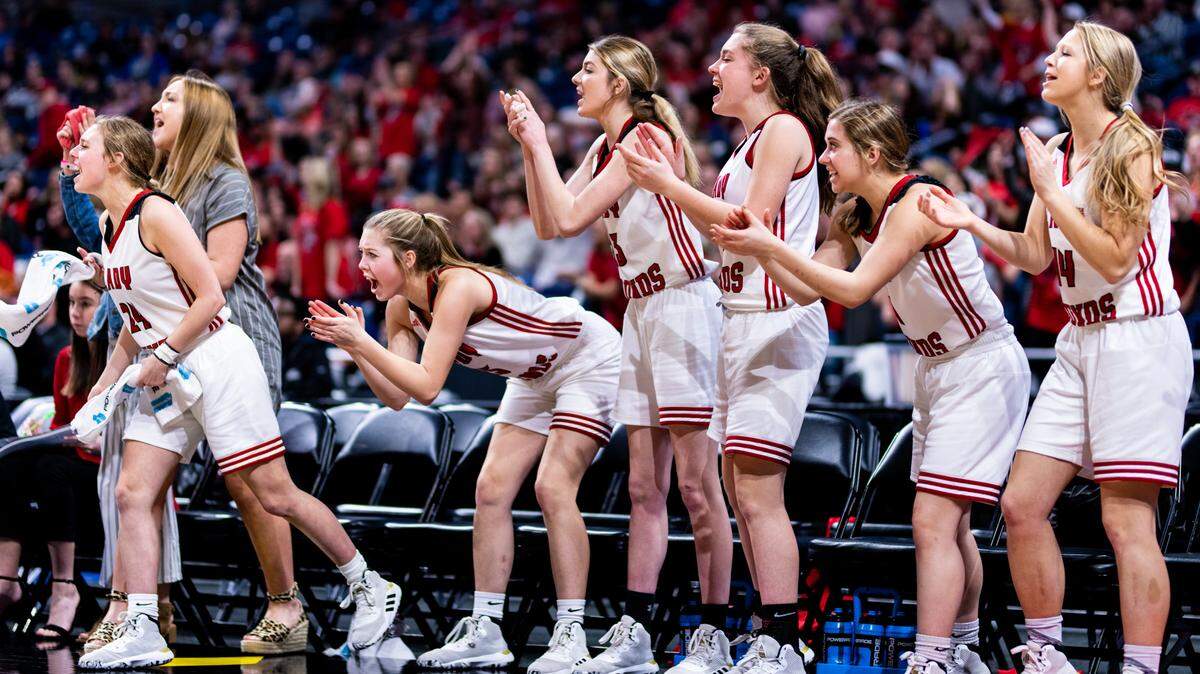 The Lady Hounds cheer after Andi Salgado downs a layup during the 1st half of the 2A State Semifinal between Gruver and Grapeland at the Alamodome in San Antonio on March 6th, 2020. (Matt Smith- Special to the Star-Telegram).