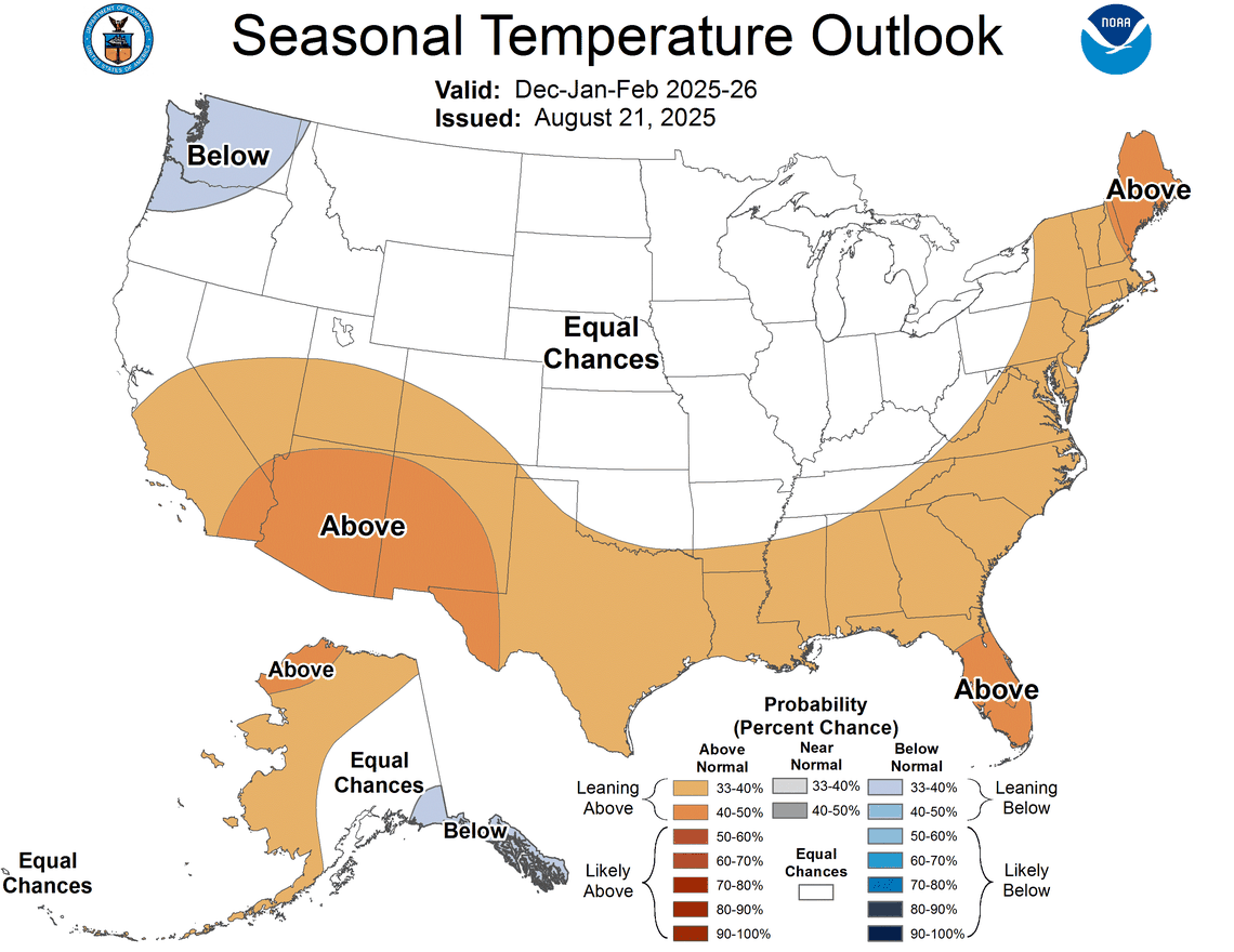 The seasonal temperature outlook for the U.S. from December 2025 through February 2026.