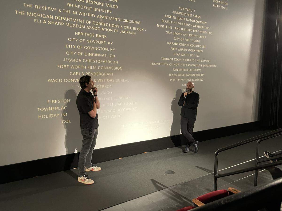 Aviation Cinemas CEO Barak Epstein (left) and director David Lowery (right) at a Q&A for “The Old Man & the Gun” at the Texas Theatre on Wednesday, Oct. 22, 2025.
