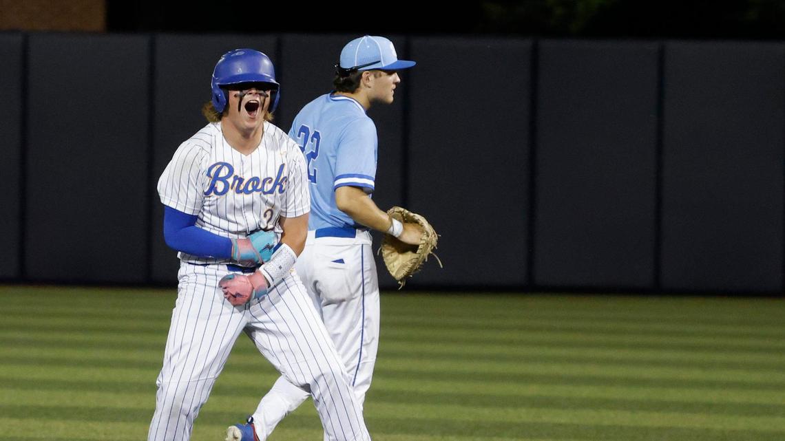 Brock’s Asher Strait (20) celebrates reaching second base during a UIL 4A D2 semifinal baseball game at Dallas Baptist University’s Horner Ballpark in Dallas, Texas, Thursday, May 29, 2025.