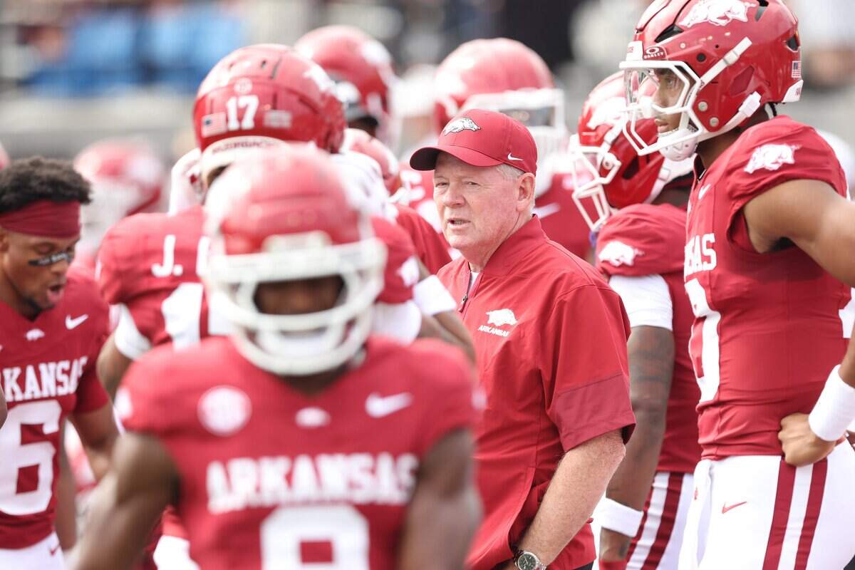 Sep 6, 2025; Little Rock, Arkansas, USA; Arkansas Razorbacks offensive coordinator Bobby Petrino prior tot he game against the Arkansas State Red Wolves at War Memorial Stadium. Mandatory Credit: Nelson Chenault-Imagn Images