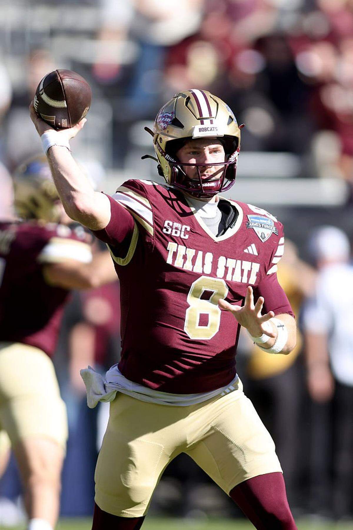 FORT WORTH, TEXAS - JANUARY 02: Brad Jackson #8 of the Texas State Bobcats throws a pass against the Rice Owls during the first half during the 2026 Lockheed Martin Armed Forces Bowl at Amon G. Carter Stadium on January 02, 2026 in Fort Worth, Texas. (Photo by Tim Heitman/Getty Images)