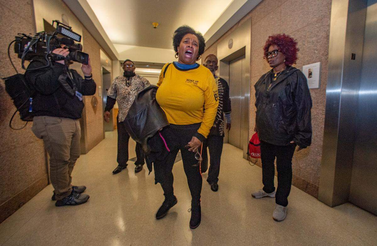 Family friend and community activist Olinka Green reacts screaming, “This is murder,” to the verdict of manslaughter in former Fort Worth police officer Aaron Dean’s trial inside the Tim Curry Criminal Justice Center on Thursday, Dec. 15, 2022.