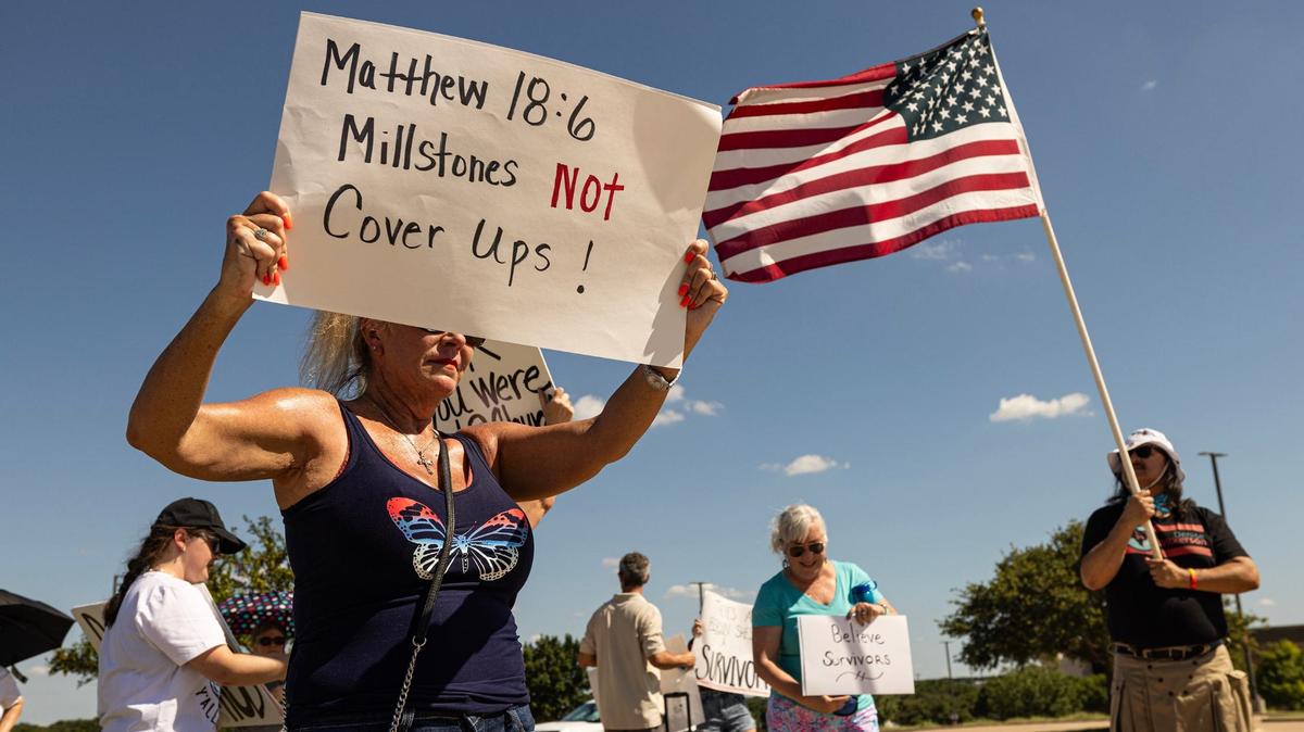 Lorie Jordan-Rice and others gather in protest of child and sexual abuse in the church outside of Gateway Church in Southlake on Saturday, June 22, 2024.