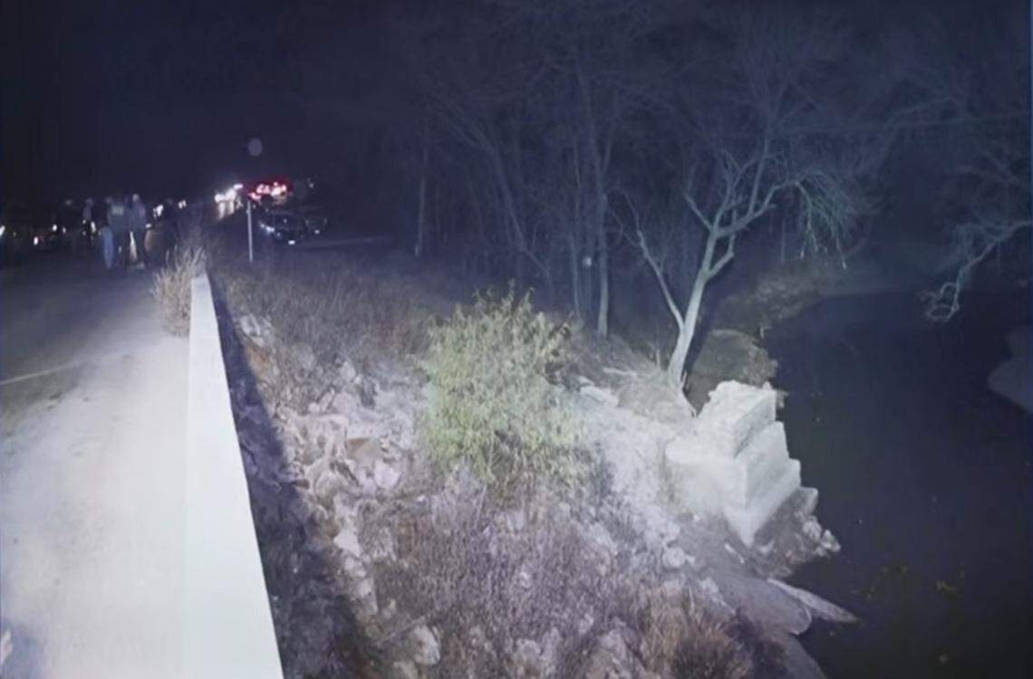 A photo of the area where 7-year-old Athena Strand’s body was found in the water in Wise County, Texas, on Dec. 2, 2022. The photo was shown on Monday, April 13, 2026, in a Fort Worth courtroom where a jury is hearing punishment evidence in the capital murder trial of Tanner Horner.