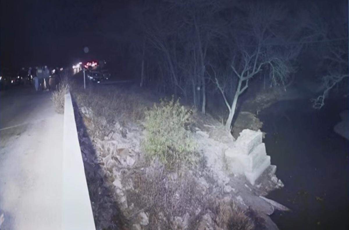 A photo of the area where 7-year-old Athena Strand’s body was found in the water in Wise County, Texas, on Dec. 2, 2022. The photo was shown on Monday, April 13, 2026, in a Fort Worth courtroom where a jury is hearing punishment evidence in the capital murder trial of Tanner Horner.