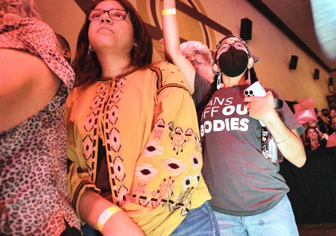 A supporter cheers on U.S. Senator Bernie Sanders as he campaigns for Michelle Vallejo, a Democratic candidate for U.S. District 15, at a rally in McAllen, Texas, Sunday, Oct. 30, 2022.