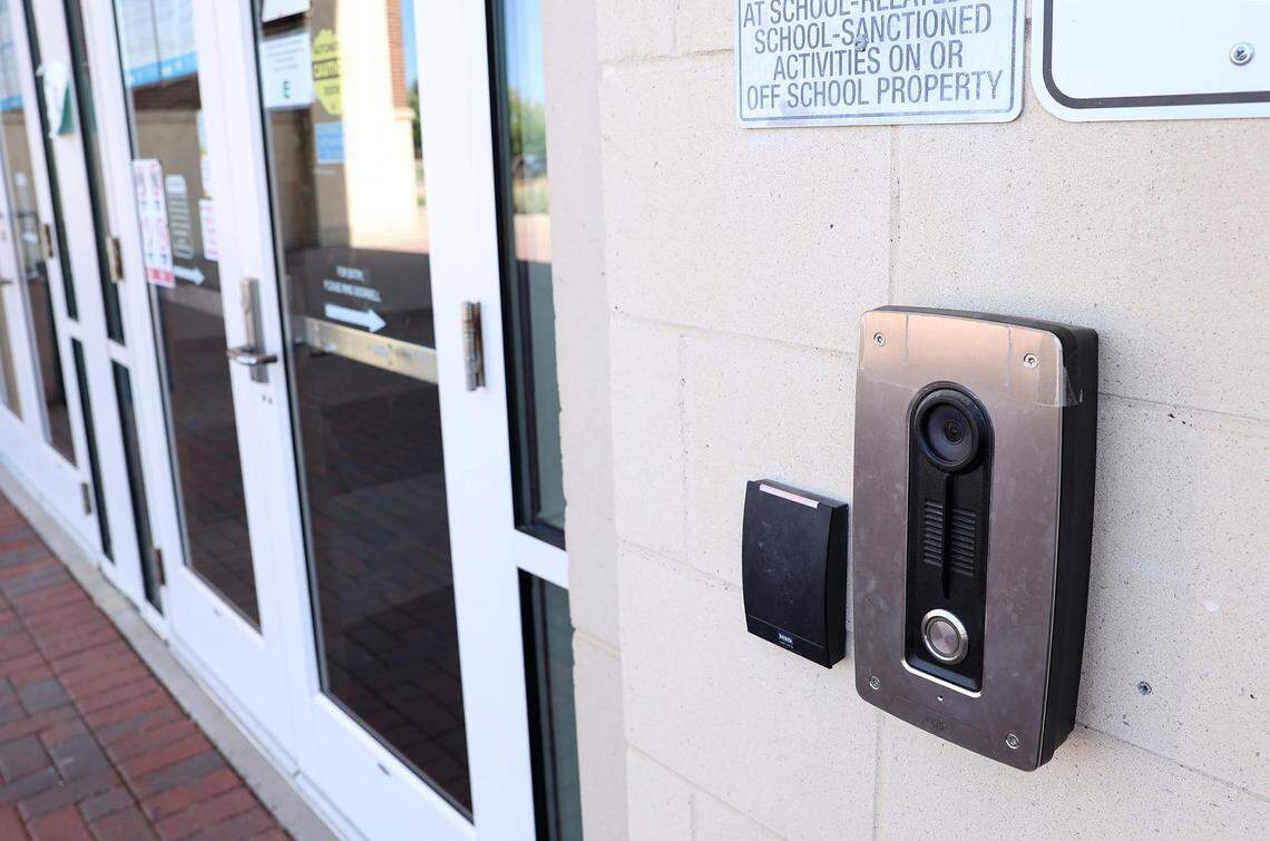 The front entrance of V.R. Eaton High School in Haslet on Tuesday, July 26, 2020. All visitors to the school must use an intercom and security camera system to identify themselves before gaining entry. Many school districts use a visitor check-in system and key card access to enhance security.