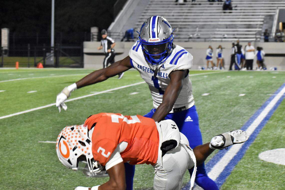 Fort Worth Eastern Hills senior Jamarion Hardemon tackles a Celina player in the second quarter of a Class 4A Division I playoff game Friday at Pennington Field in Bedford.