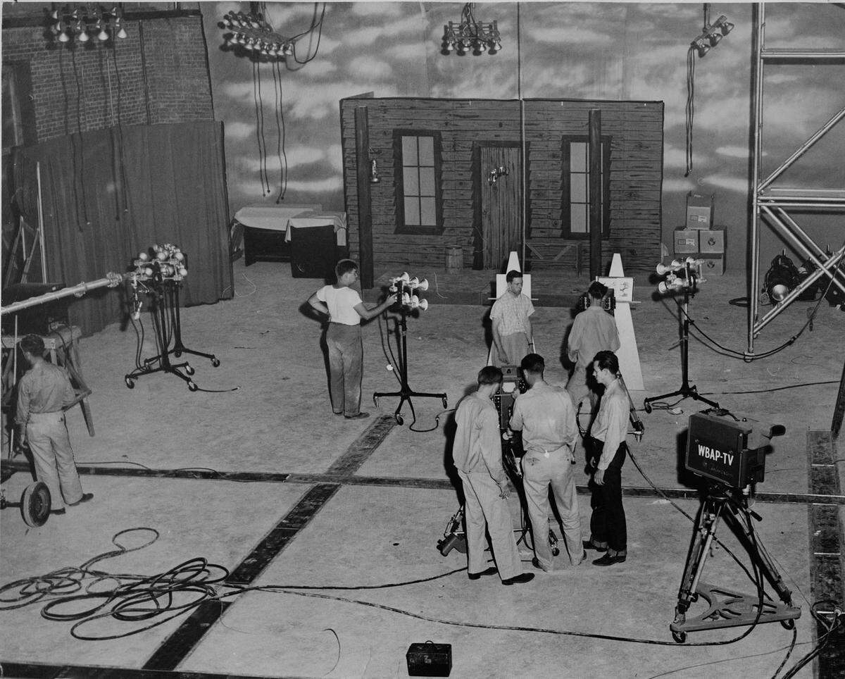 1948: Workers make last minute preparations for opening programs at WBAP-TV at 7 p.m., Wednesday, when the television station goes on air for first time.