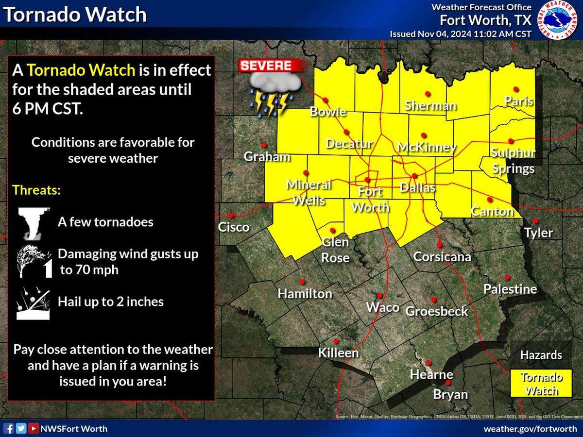 A tornado watch is in place for several cities around North Texas until 6 p.m. Monday.