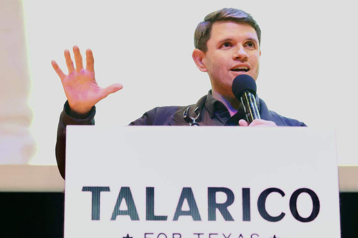 State Rep. James Talarico speaks at rally at the UT Dallas Campus on February 26, 2026 in Richardson, Texas. Talarico is facing off against Jasmine Crockett in Tuesday's democratic senate primary.