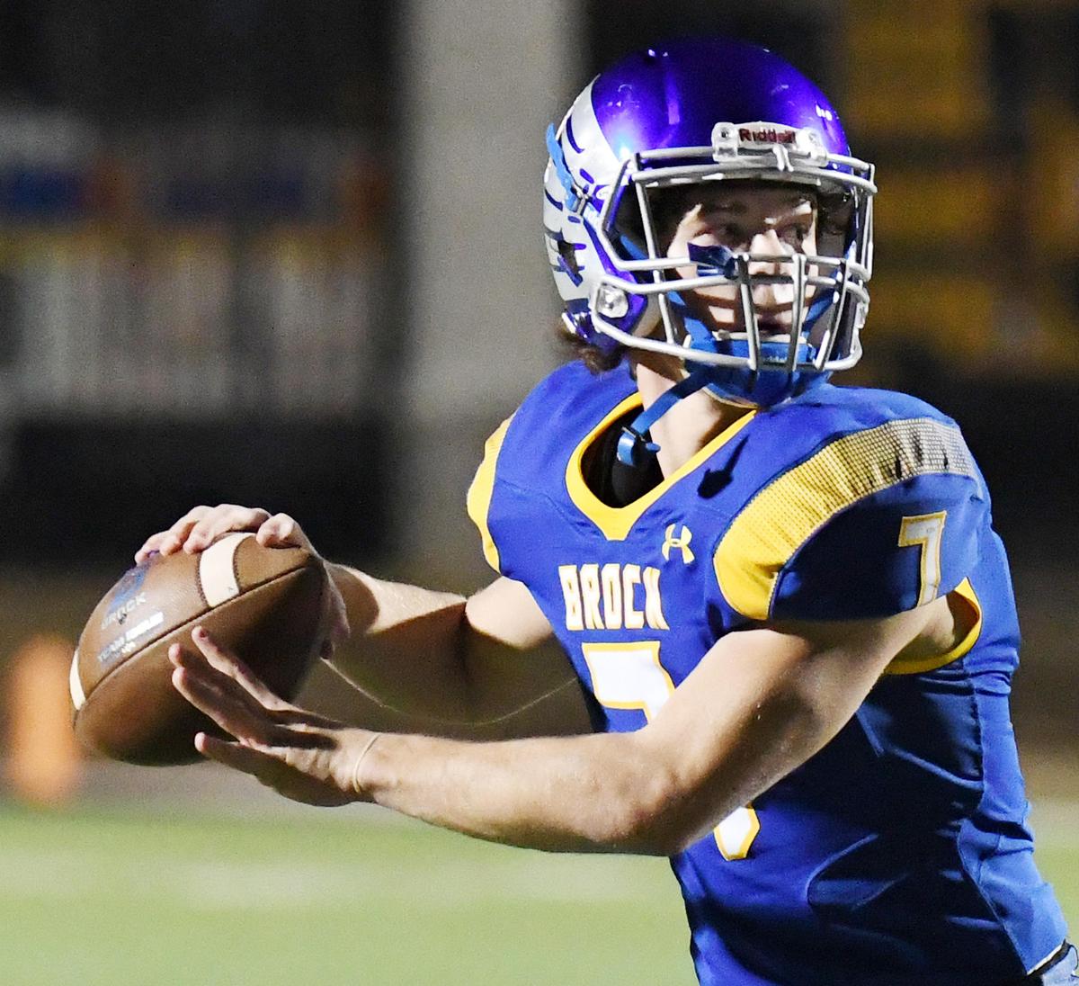 Brock quarterback Jaxon Gleaton looks to throw down the field against Pilot Points in the second quarter of their Class 3A Division I quarterfinal football game Friday, December 6, 2019 at Pennington Field in Bedford, Texas. Special/Bob Haynes