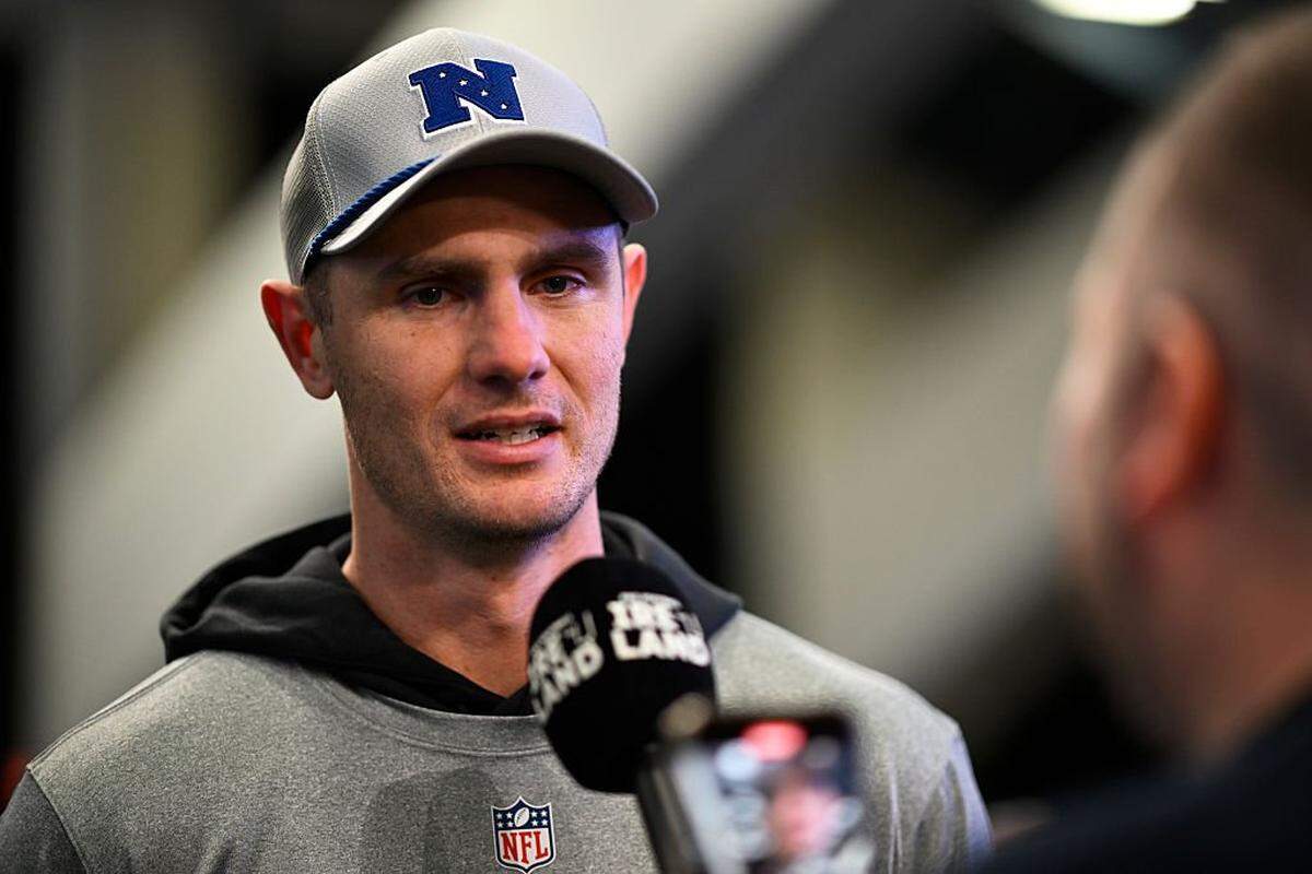 SAN FRANCISCO, CALIFORNIA - FEBRUARY 02: Brandon Aubrey #17 of the Dallas Cowboys speaks to the media before the NFC Pro Bowl practice at Moscone Center South on February 02, 2026 in San Francisco, California. (Photo by Eakin Howard/Getty Images)