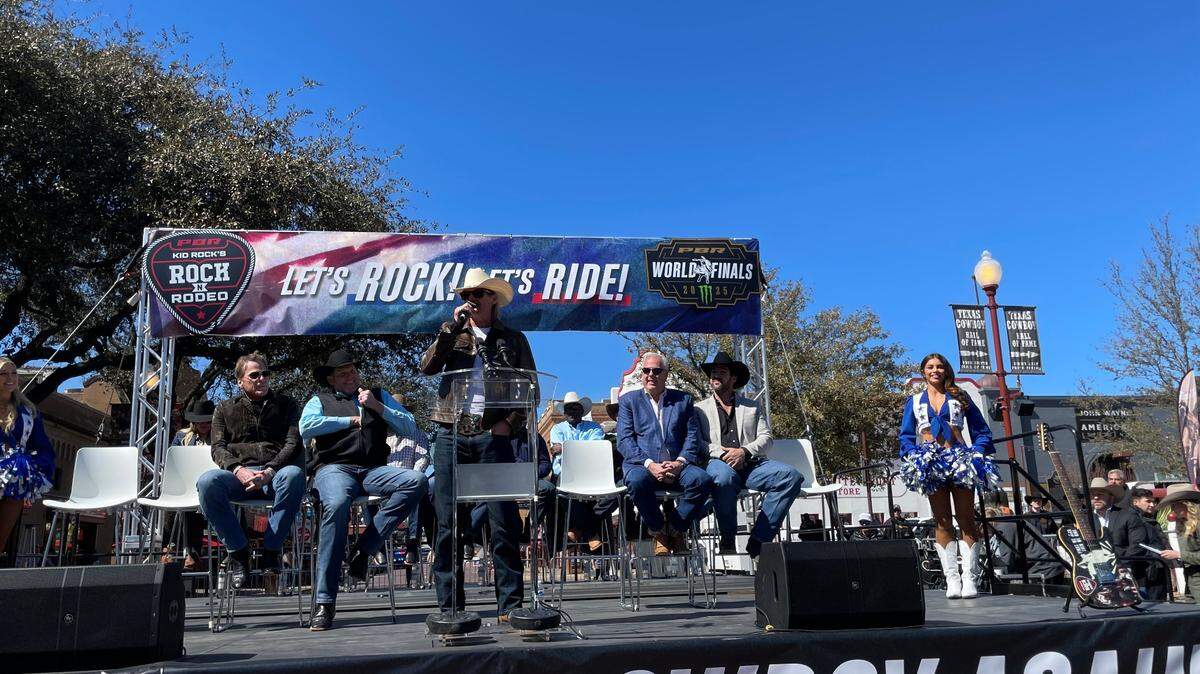 Kid Rock speaks at an event for PBR’s “Rock N Rodeo” in the Fort Worth Stockyards on Wednesday, March 5, 2025.