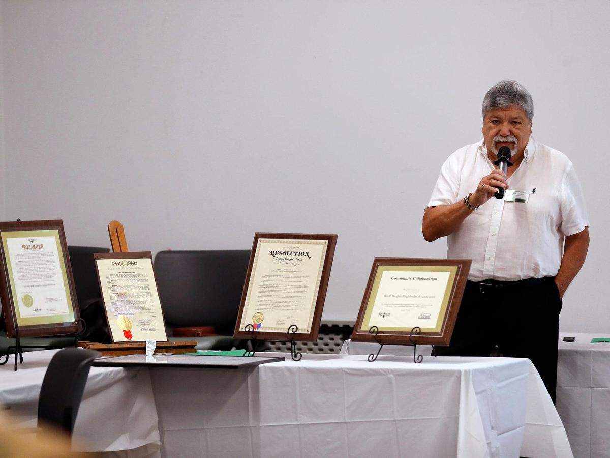 Joe Guerrero, president of the Worth Heights Neighborhood Association, speaks during the 25th anniversary at the Victory Forest Community Center in Fort Worth on Saturday, May 20, 2023. 