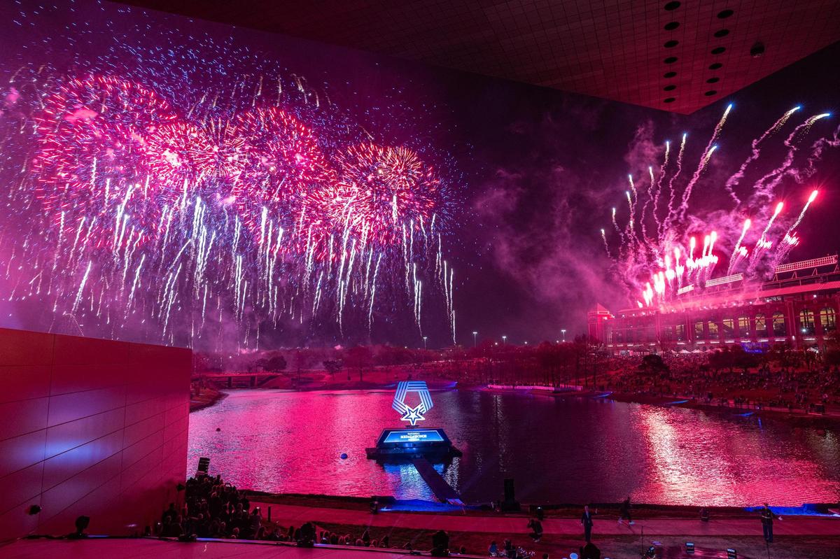 Fireworks are launched into the sky for the finale of the ‘Mission To Inspire Spectacular for the National Medal of Honor Museum Grand Opening Celebration in the Arlington Entertainment District on Saturday, March 22, 2025.