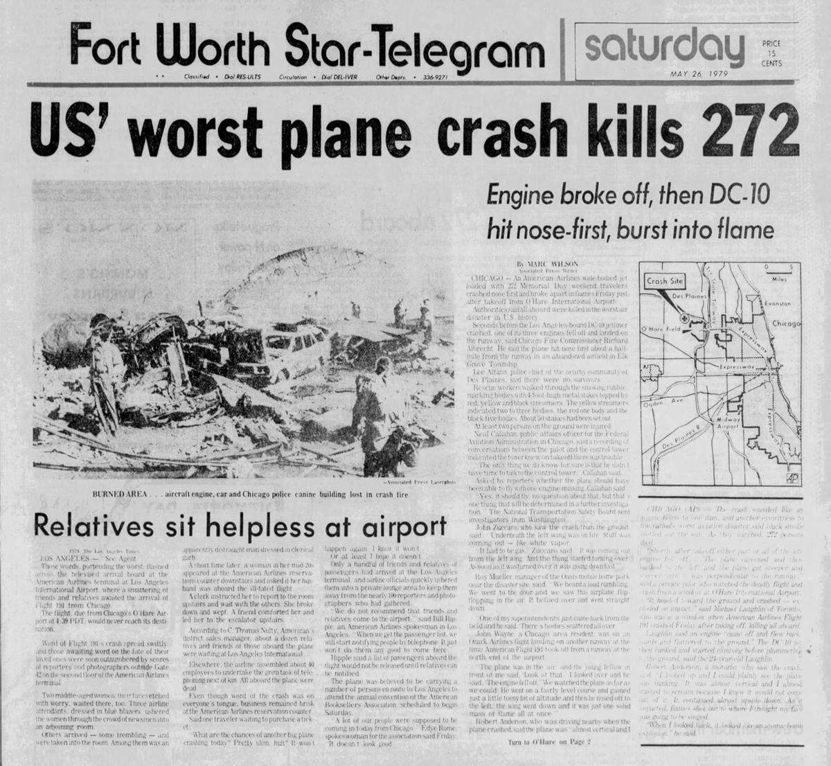 The Star-Telegram on May 26, 1979, reporting on the American Airlines Flight 191 crash the day before in Chicago.