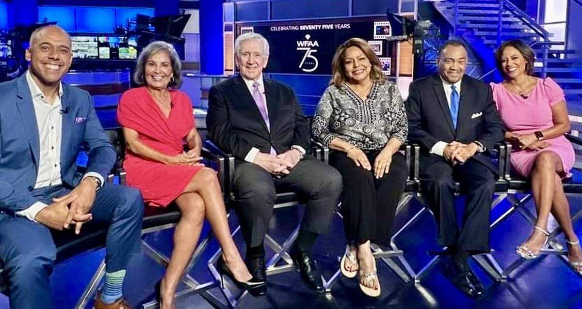 WFAA anchors Chris Lawrence, left, and Cynthia Izaguirre, right, joined former anchors Gloria Campos, Tracy Rowlett, Iola Johnson and John McCaa for the station’s 75th anniversary celebration.