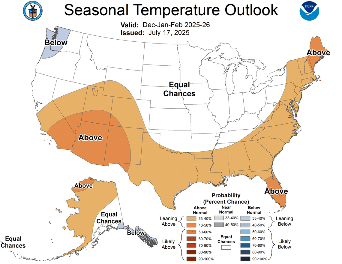 The seasonal temperature outlook for the U.S. for December 2025 through February 2026.