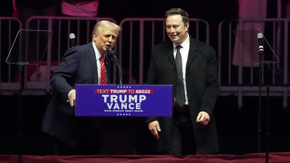 Elon Musk and Donald Trump are pictured speaking at the ‘Make America Great Again Victory Rally’ at the Capital One Arena in Washington.