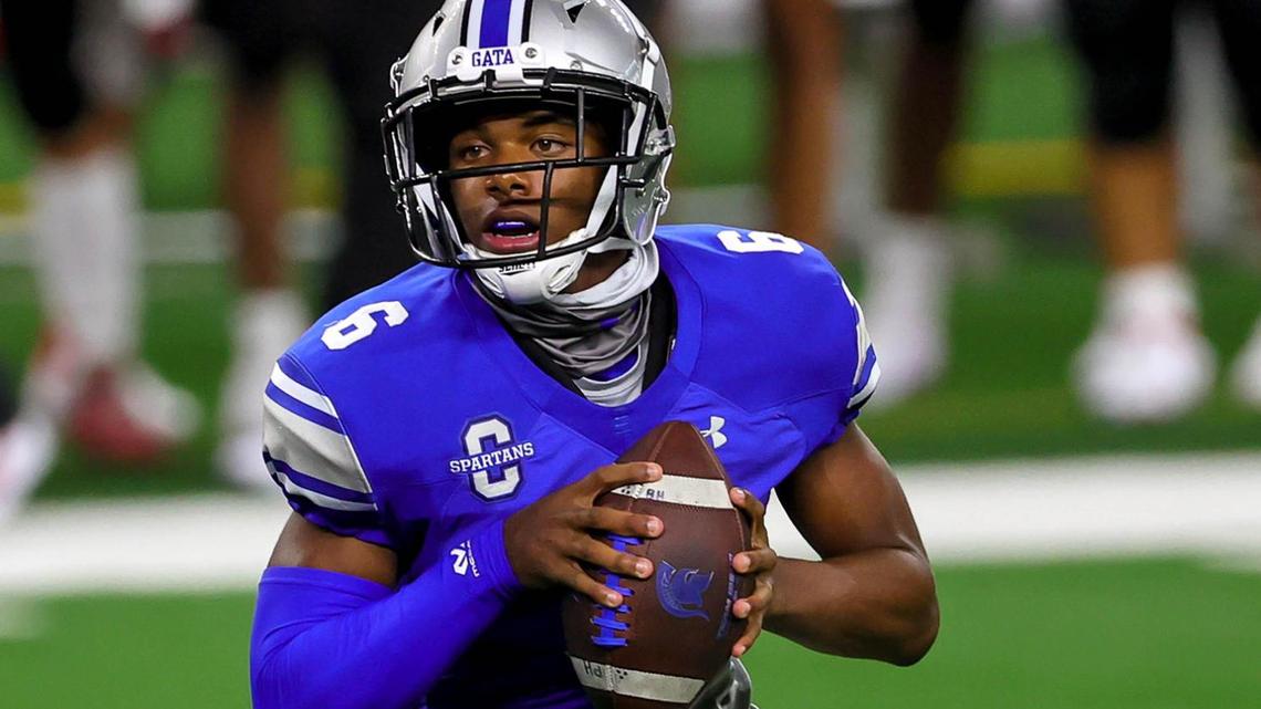 Centennial quarterback Phillip Hamilton looks to pass against Burleson during the first half, Thursday night, September 24, 2020 played at AT&T Stadium in Arlington, TX. (Steve Nurenberg Special to the Star-Telegram)