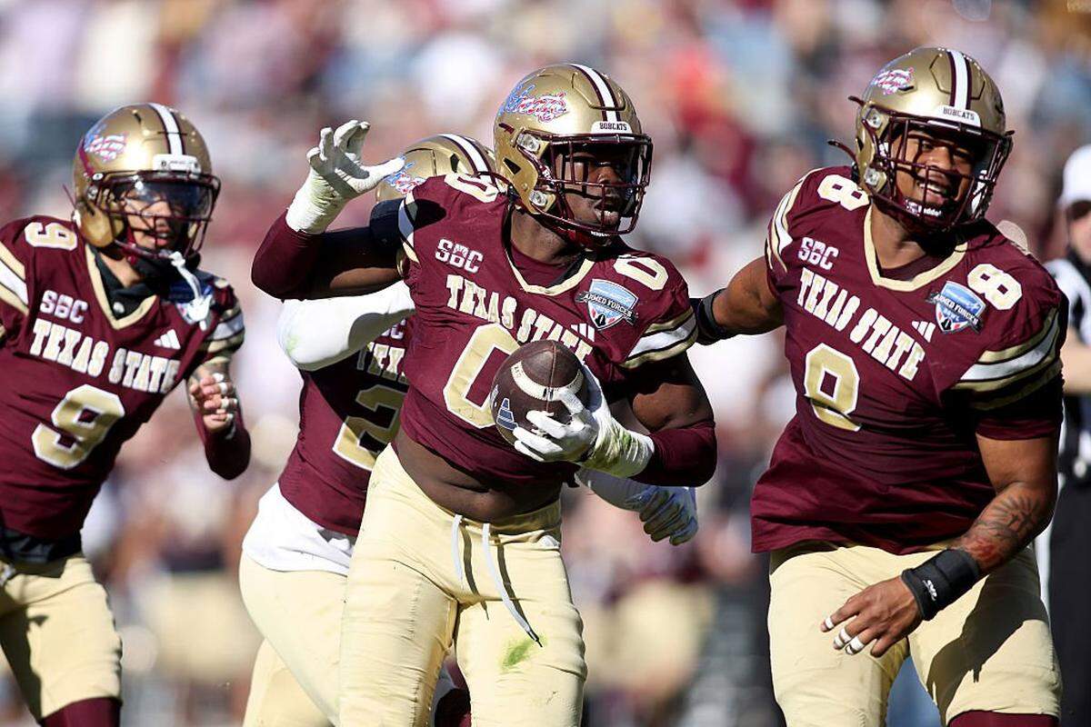 FORT WORTH, TEXAS - JANUARY 02: Tymere Jackson #0 of the Texas State Bobcats celebrates recovering a fumble against the Rice Owls during the second half of the 2026 Lockheed Martin Armed Forces Bowl at Amon G. Carter Stadium on January 02, 2026 in Fort Worth, Texas. (Photo by Tim Heitman/Getty Images)