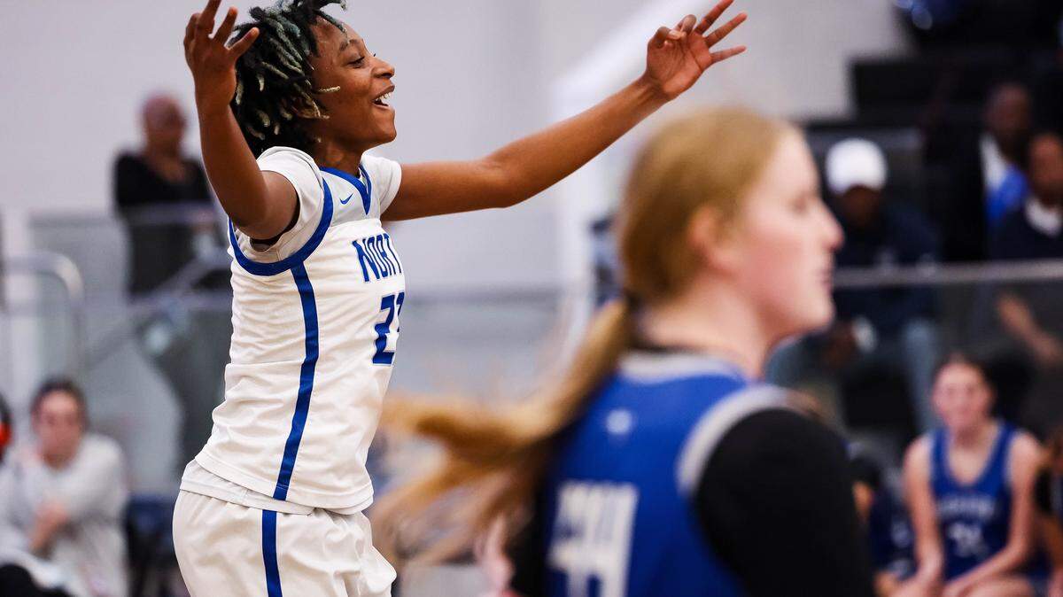North Crowley forward Mecca Crawford (23) holds out her hands with a 3 gesture after making a 3-pointer during a 3-6A district matchup against Weatherford at North Crowley High School on Friday, Feb. 6, 2026.