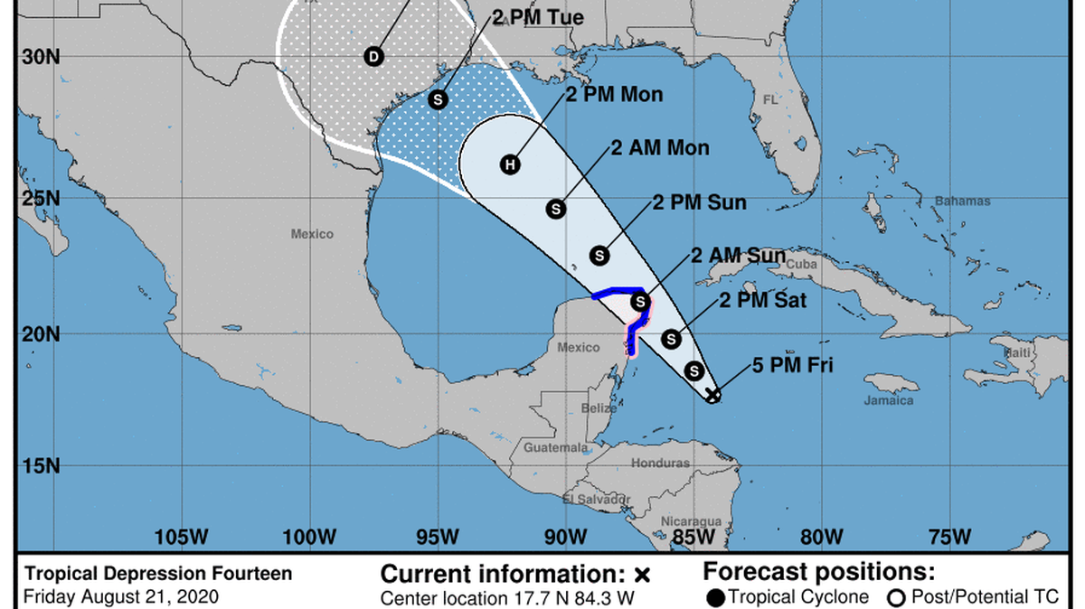 Tropical Depression 14 could reach the Texas coast next week, a map shows.