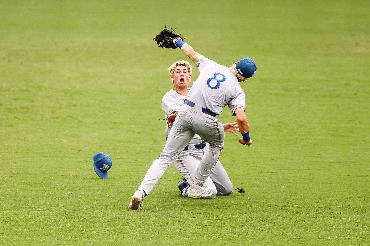 Brock shortstop Canon Lightfoot (8) makes a catch as Brock center fielder Caleb Lenhart (4) attempts to move out of his way against Robinson in the UIL Class 4A Division II baseball state championship game on Friday, June 5, 2026, at Dell Diamond in Round Rock, Texas.