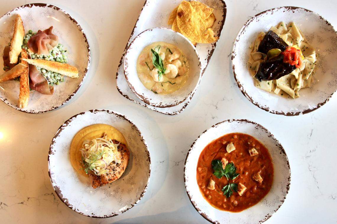 Stephan Pyles’ Fireside specials include (clockwise from top left) pea salad, shrimp ceviche, a braised chipotle short rib, gazpacho and grilled salmon on butternut squash-mascarpone polenta.