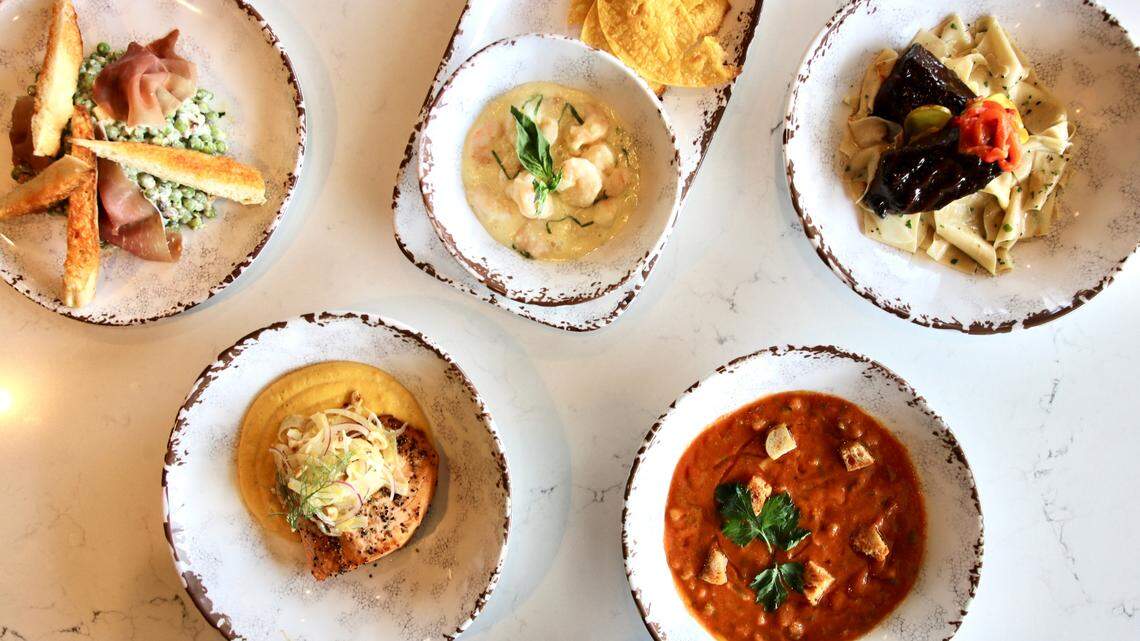 Stephan Pyles’ Fireside specials include (clockwise from top left) pea salad, shrimp ceviche, a braised chipotle short rib, gazpacho and grilled salmon on butternut squash-mascarpone polenta.