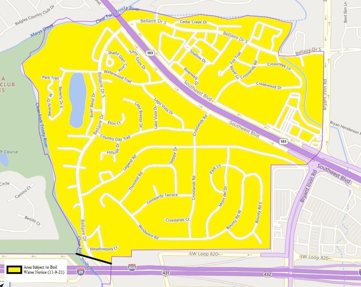 As of 2 p.m. Tuesday, the affected areas include Mont Del, Meadows West, areas north of Loop 820 and east of the Clear Fork of the Trinity River.
