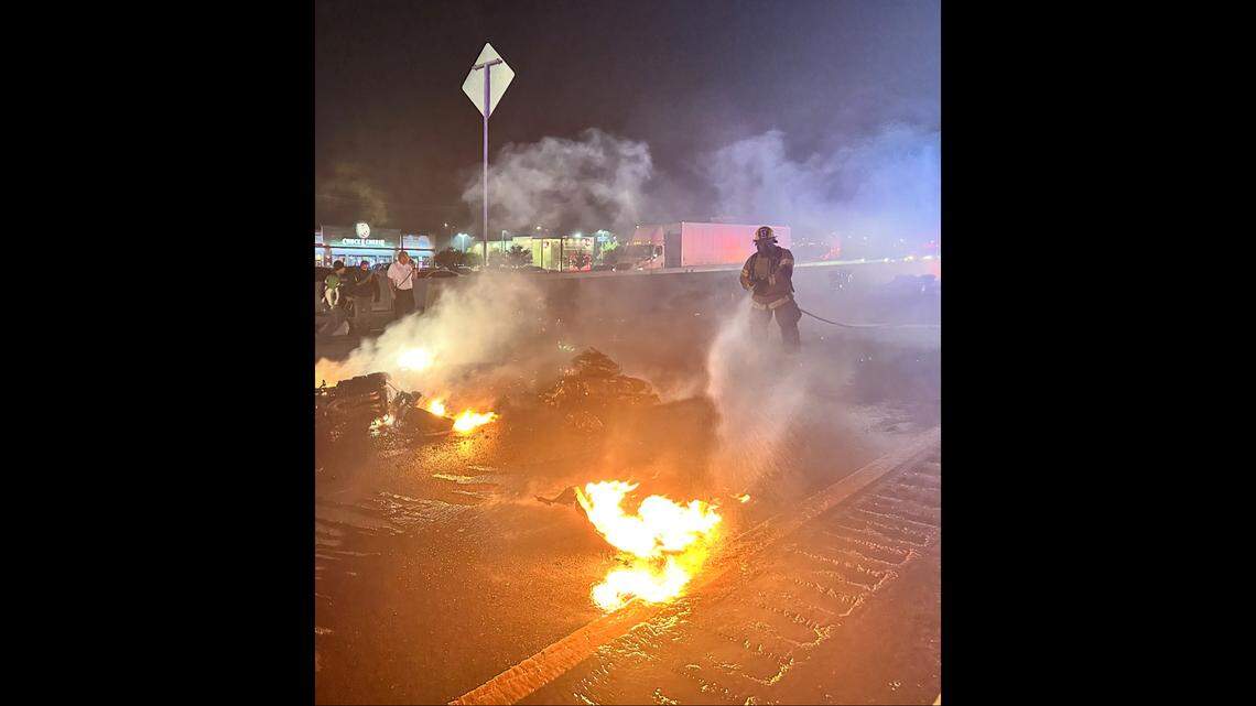 Seventeen people were injured when multiple motorcycles crashed and caused a fire in the southbound toll lanes of Interstate 35W near Heritage Trace Parkway in Fort Worth on Friday night, April 18, authorities said.