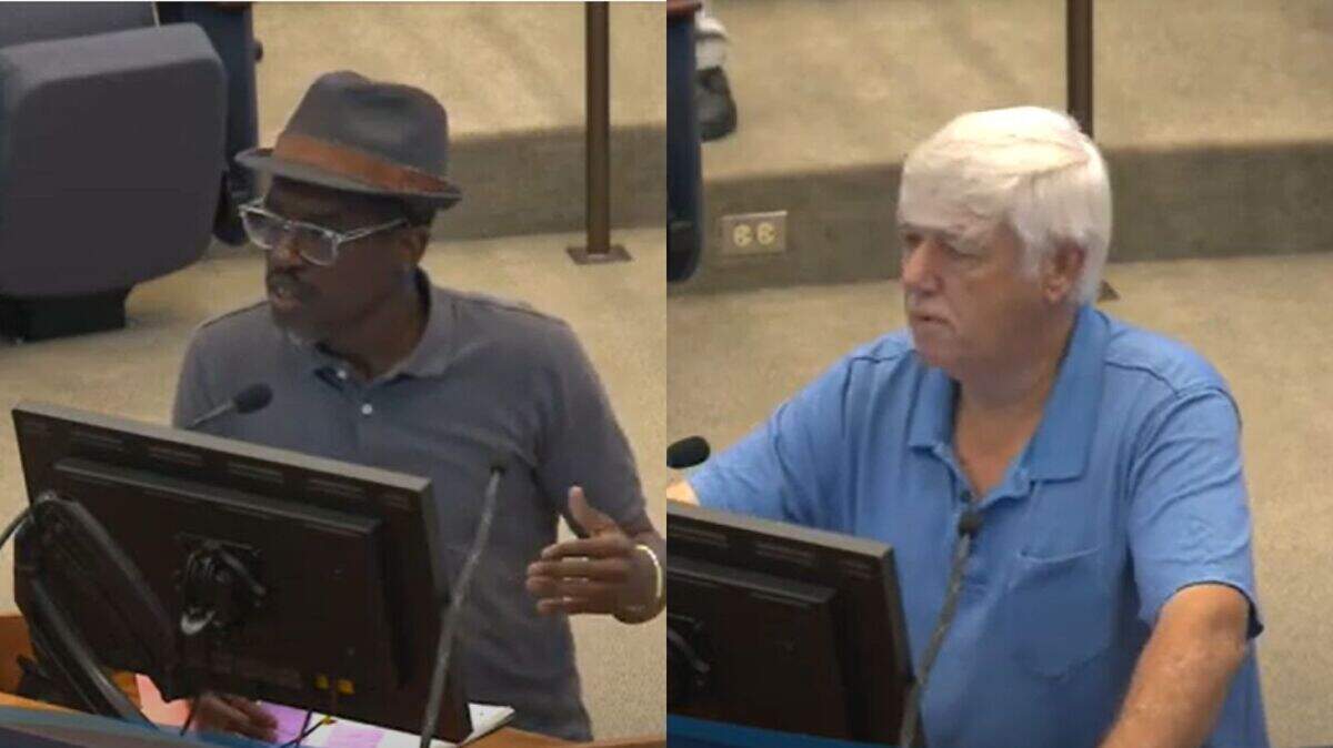 A split screen with each side showing a man speaking at a Fort Worth city council podium. 