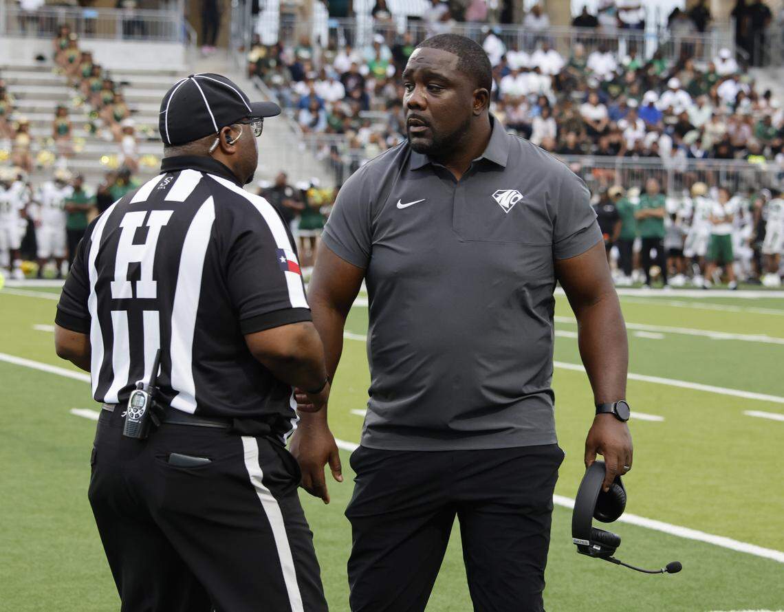 North Crowley head coach Ray Gates talks with an official during the first half of a UIL football game between DeSoto and North Crowley at Crowley ISD Multi-Purpose Stadium in Fort Worth, Texas, Friday, Sept. 05, 2025.
