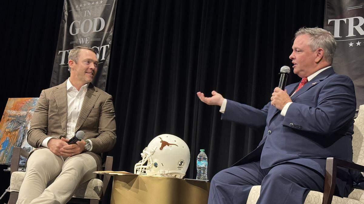 Former Texas and NFL Quarterback Colt McCoy speaks with Tarrant County Judge Tim O’Hare at the judge’s National Day of Prayer luncheon on May 7, 2026.