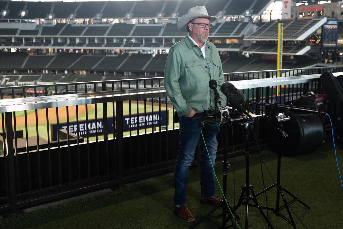 Country music artist Pat Green speaks to the media gathered for a press conference regarding his benefit concert live-stream performance at Globe Life Field in Arlington on Wednesday, July 16. Green is donating 100 percent of the proceeds to the families affected by the Kerrville area flooding.