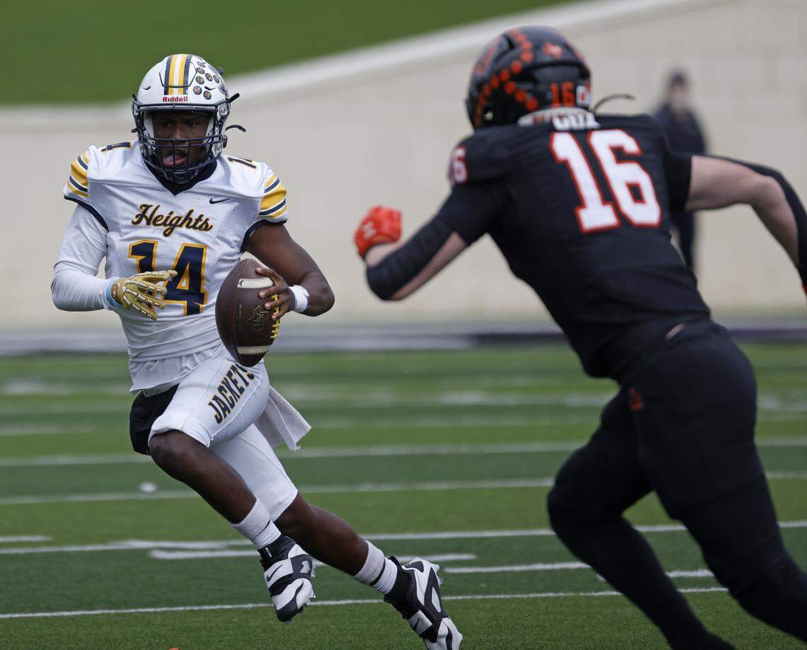 Fort Worth Arlington Heights quarterback Carmelo Carter (14) attempts to avoid Aledo linebacker Cole Cox (16) during the first half of a UIL Class 5A Division I Regional on Friday Nov. 28, 2025 at Crowley ISD Multi-Purpose Stadium in Fort Worth, Texas.