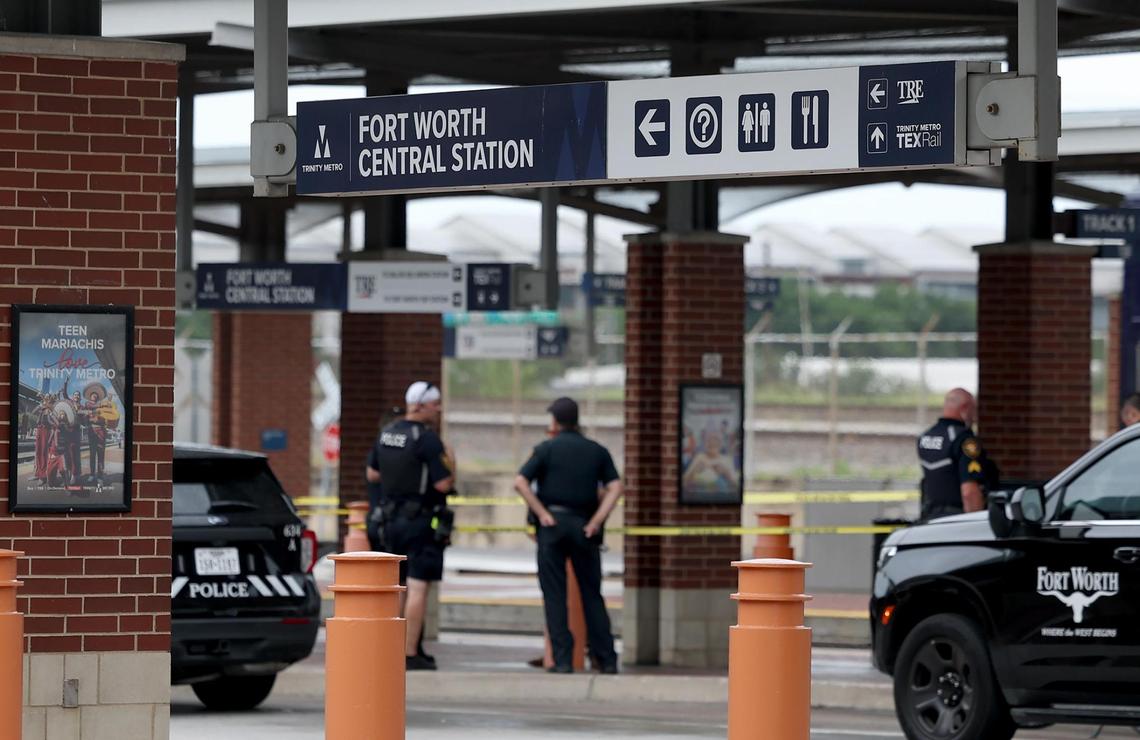 The Fort Worth Police Department investigates a shooting that wounded a man on a TRE train at the Fort Worth Central Station downtown on Friday, July 3, 2025.