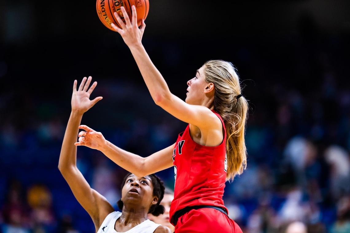 Lily Ziemkiewicz (3) lays up the ball during the 5A state final between Frisco Liberty and Cedar Park at the Alamodome in San Antonio Texas, on March 10, 2021. Cedar Park went on to win 46-39. (Photo by Matt Smith. Special to the Star-Telegram).